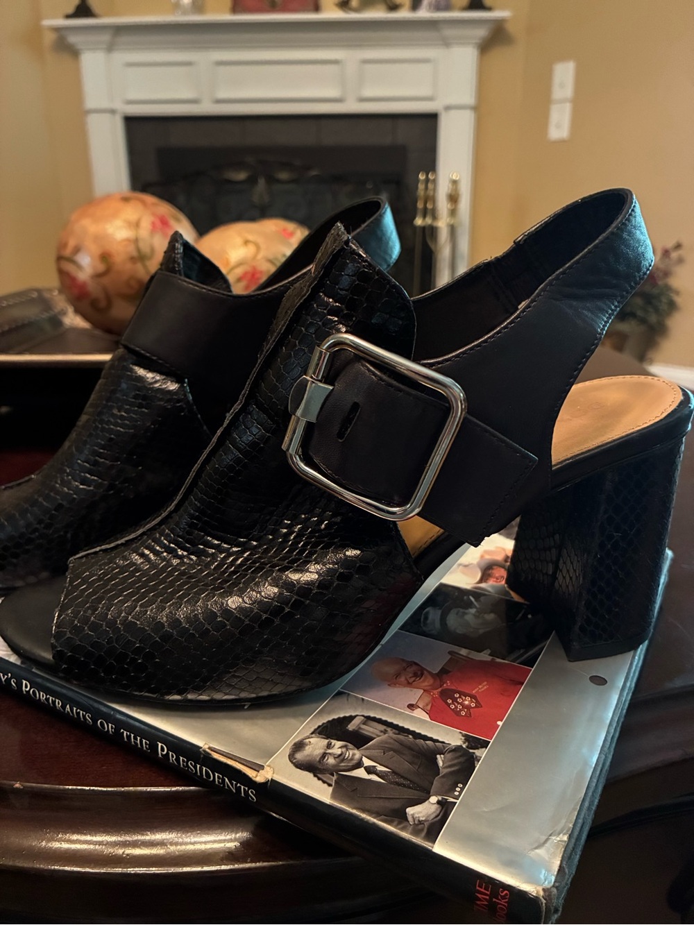 Donald J. Pliner Black Reptile-Texture Open-Toe Heels